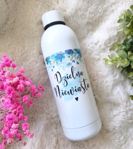 Butelka termiczna Dzielna Niewiasta termos, bidon niebieskie kwiaty (1)