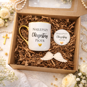 Box prezentowy personalizowany Komunia Chrzest Ślub kubek złocony 330 ml + magnes + mydełko anioł prezent dla chrzestnej chrzestnego babci dziadka