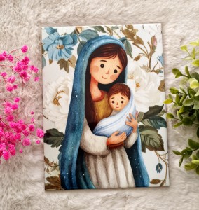 Obraz Maryja w niebieskich kwiatach prezent ceramika 15 x 20 (1)